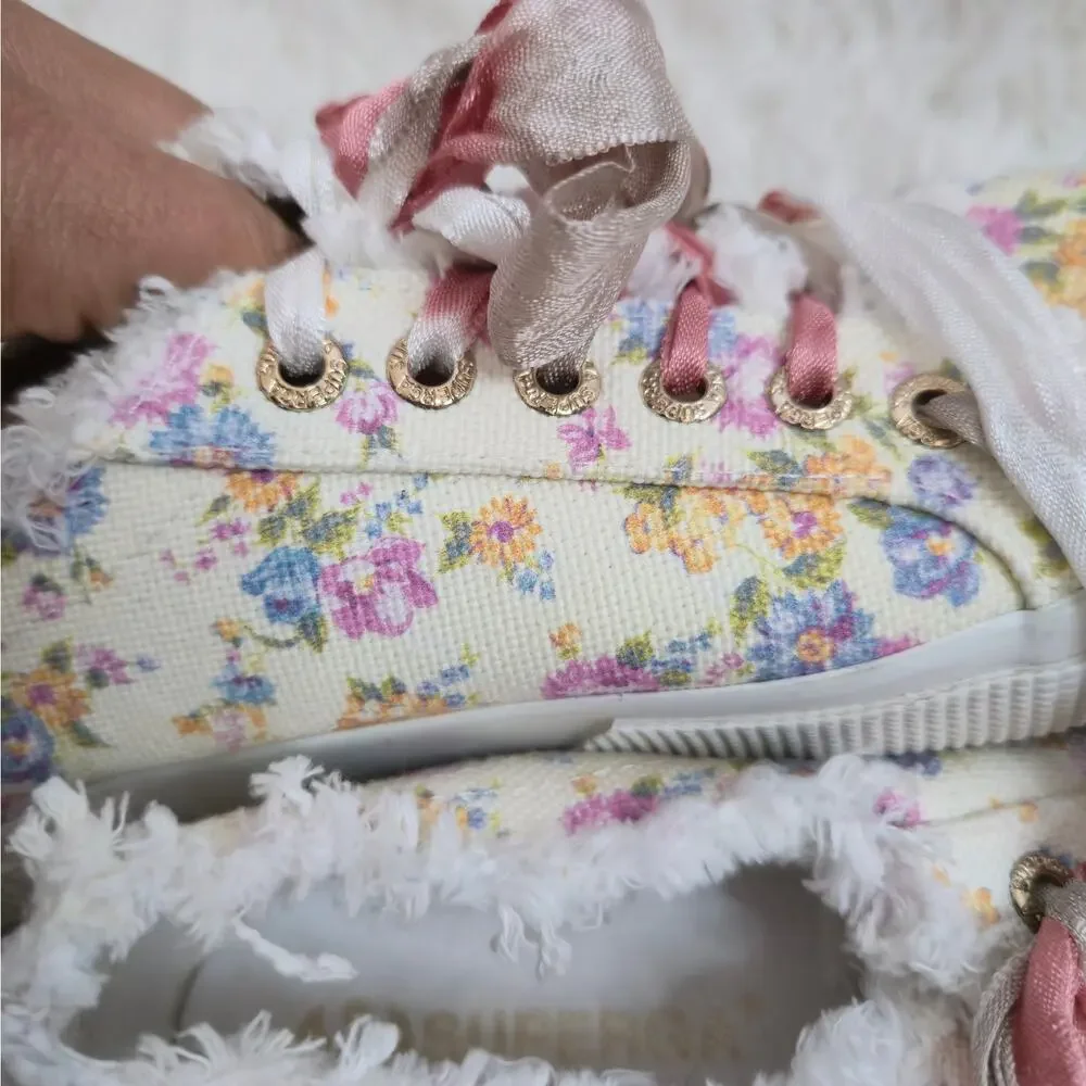 Superga X LoveShackFancy Cream Floral Coquette Canvas Fringe Sneakers